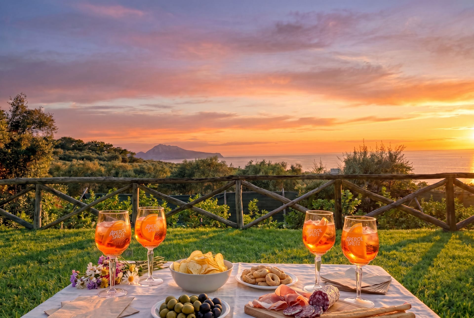 Sunset over the Gulf of Naples and Capri from Villa Lorelei terrace